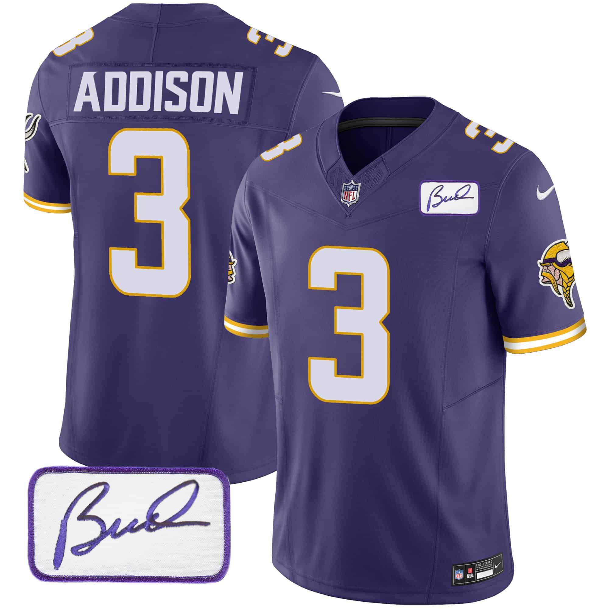 Men Minnesota Vikings #3 Addison Purple 2024 Nike Bud Grant Patch Classic Limited NFL Jersey style 3